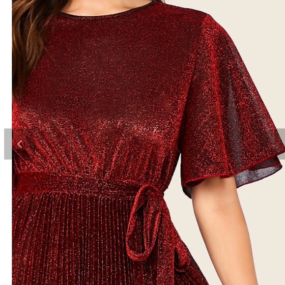 FLUTTER SLEEVE SELF BELTED PLEATED GLITTER DRESS - Picture 2 of 11